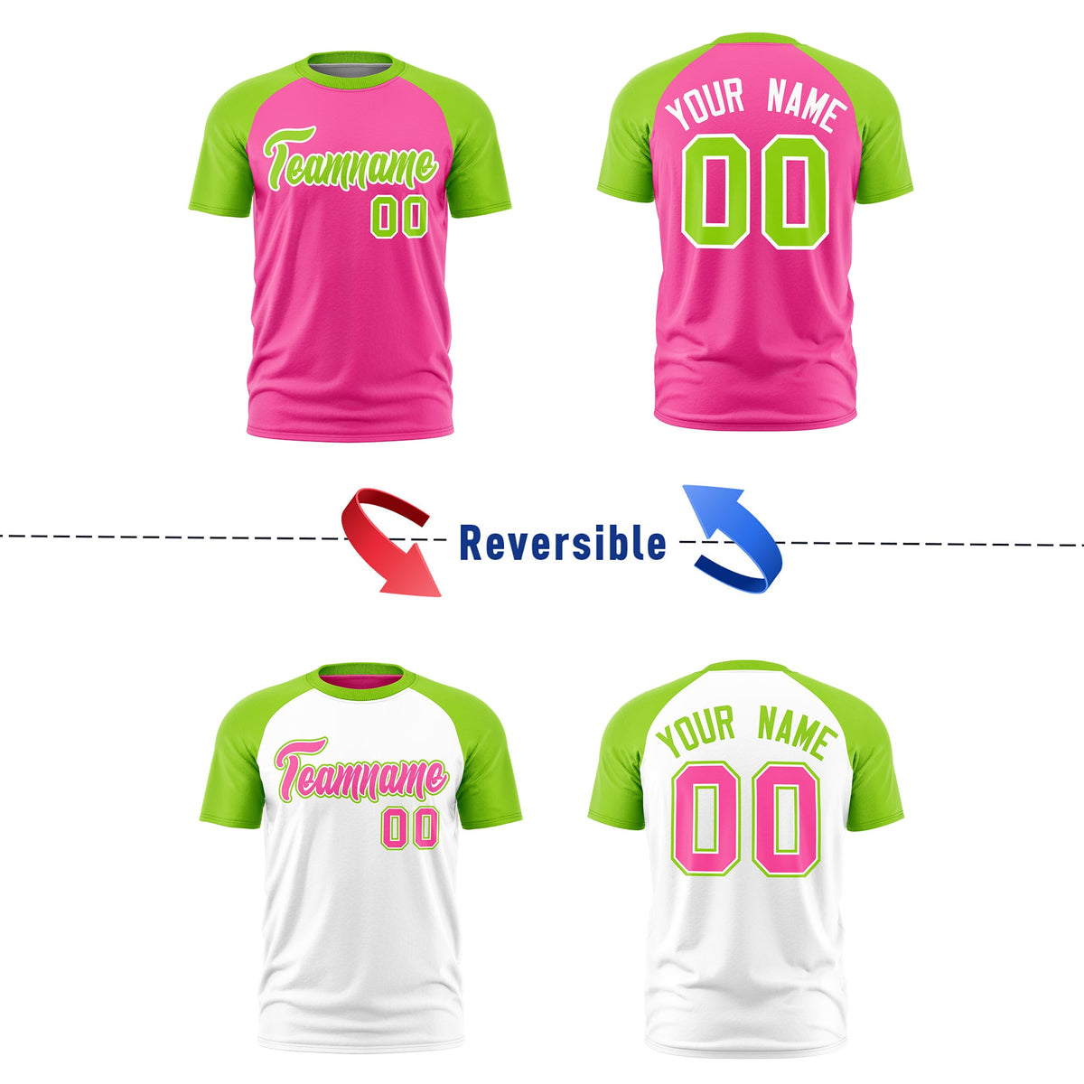 Custom Pink Neon Green White Reversible Raglan Sleeves Quick Dry T-shirt| KXKSHOP