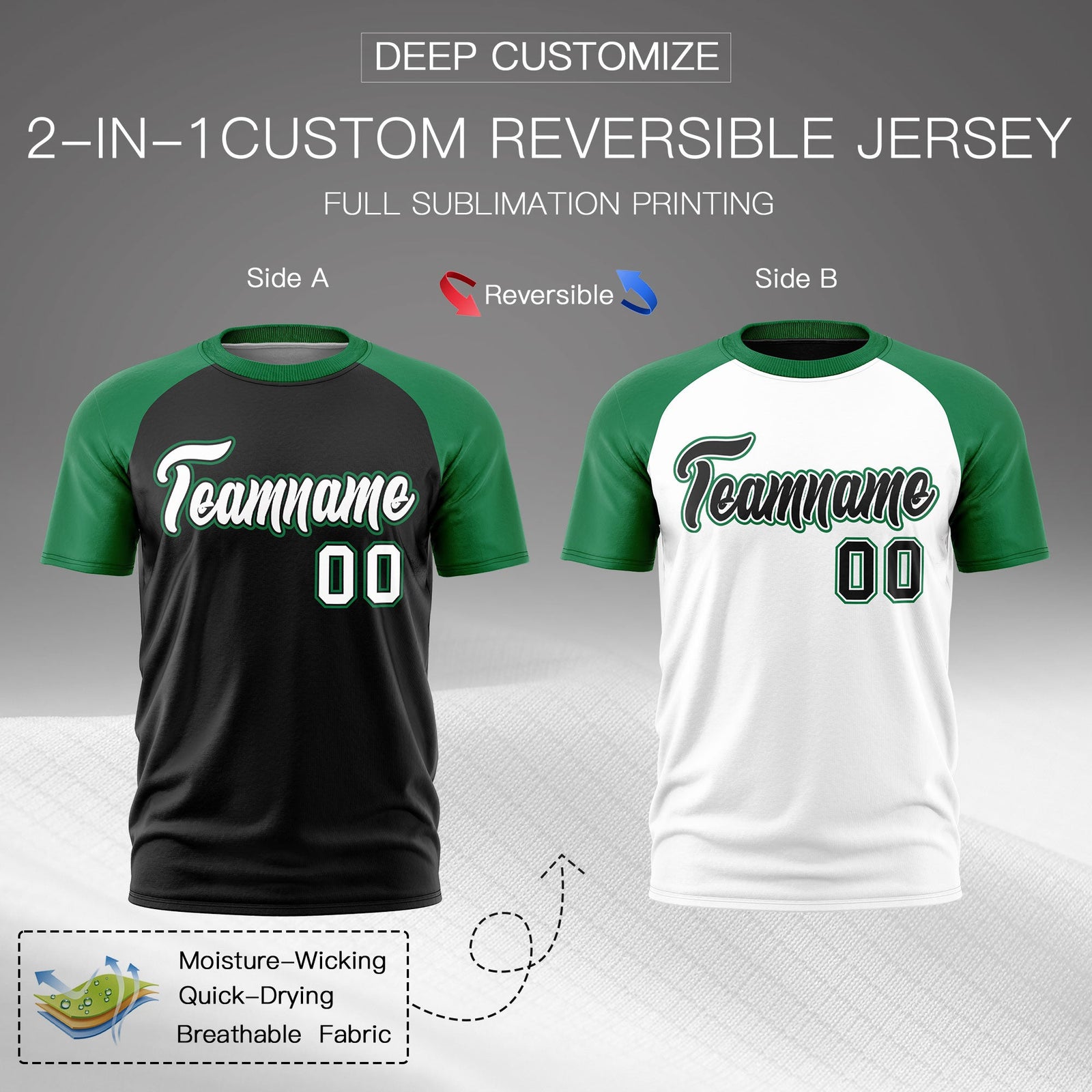 Custom Black Kelly Green White Reversible Raglan Sleeves Moisture-Wicking T-shirt| KXKSHOP