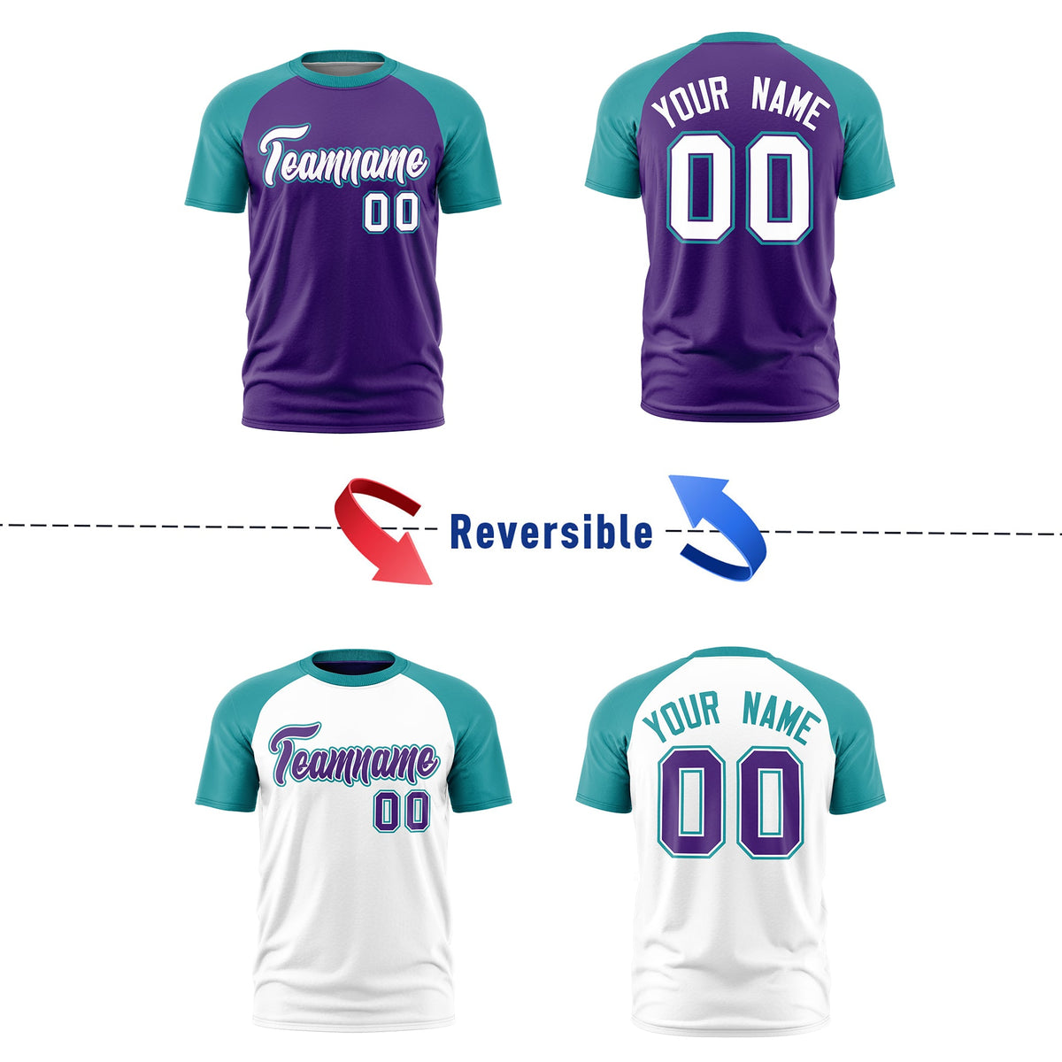 Custom Purple Teal White Reversible Raglan Sleeves Quick Dry T-shirt| KXKSHOP