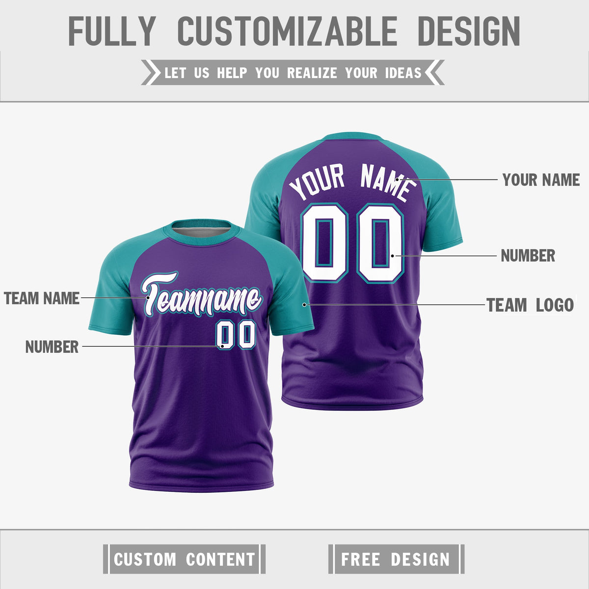 Custom Purple Teal White Reversible Raglan Sleeves Quick Dry T-shirt| KXKSHOP