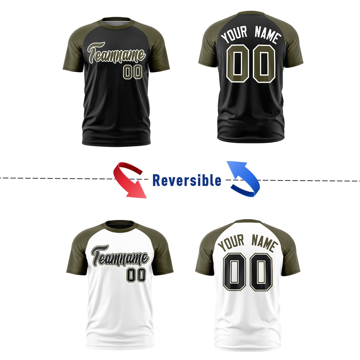 Custom Black Olive White Reversible Raglan Sleeves Quick Dry T-shirt| KXKSHOP