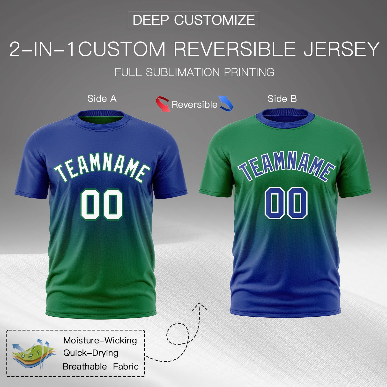 Custom Kelly Green Royal Blue Gradient Fashion Reversible Lightweight T-shirt| KXKSHOP