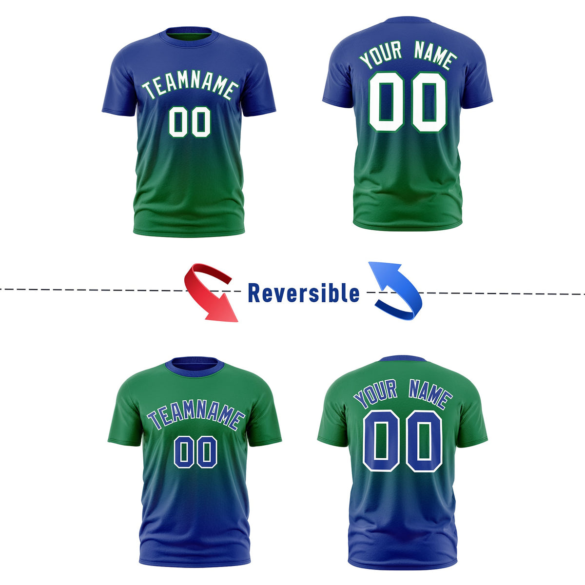 Custom Kelly Green Royal Blue Gradient Fashion Reversible Lightweight T-shirt| KXKSHOP