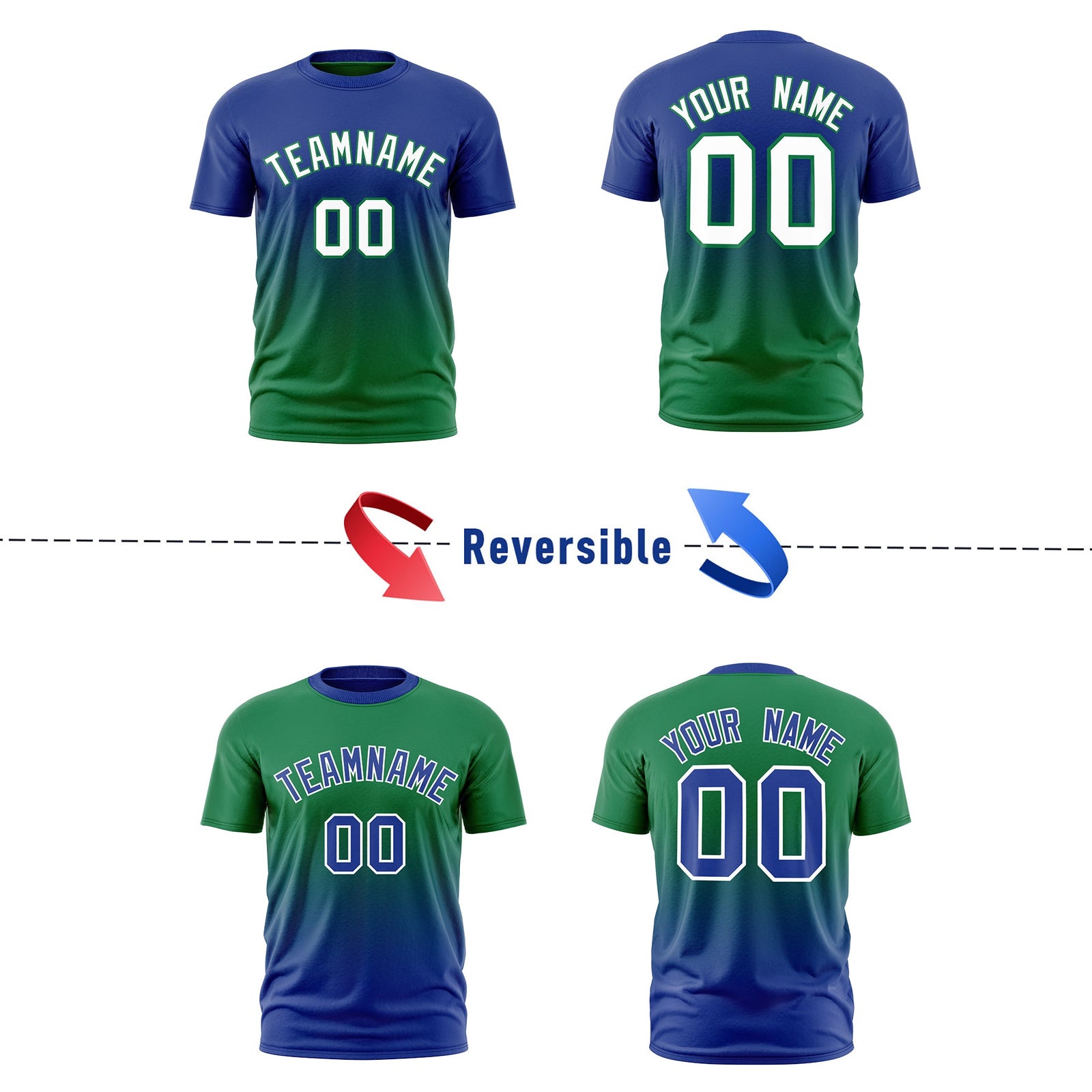 Custom Kelly Green Royal Blue Gradient Fashion Reversible Lightweight T-shirt| KXKSHOP