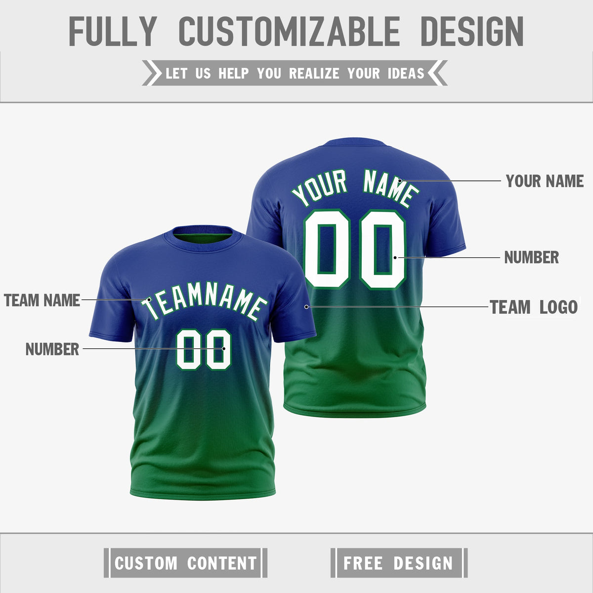 Custom Kelly Green Royal Blue Gradient Fashion Reversible Lightweight T-shirt| KXKSHOP
