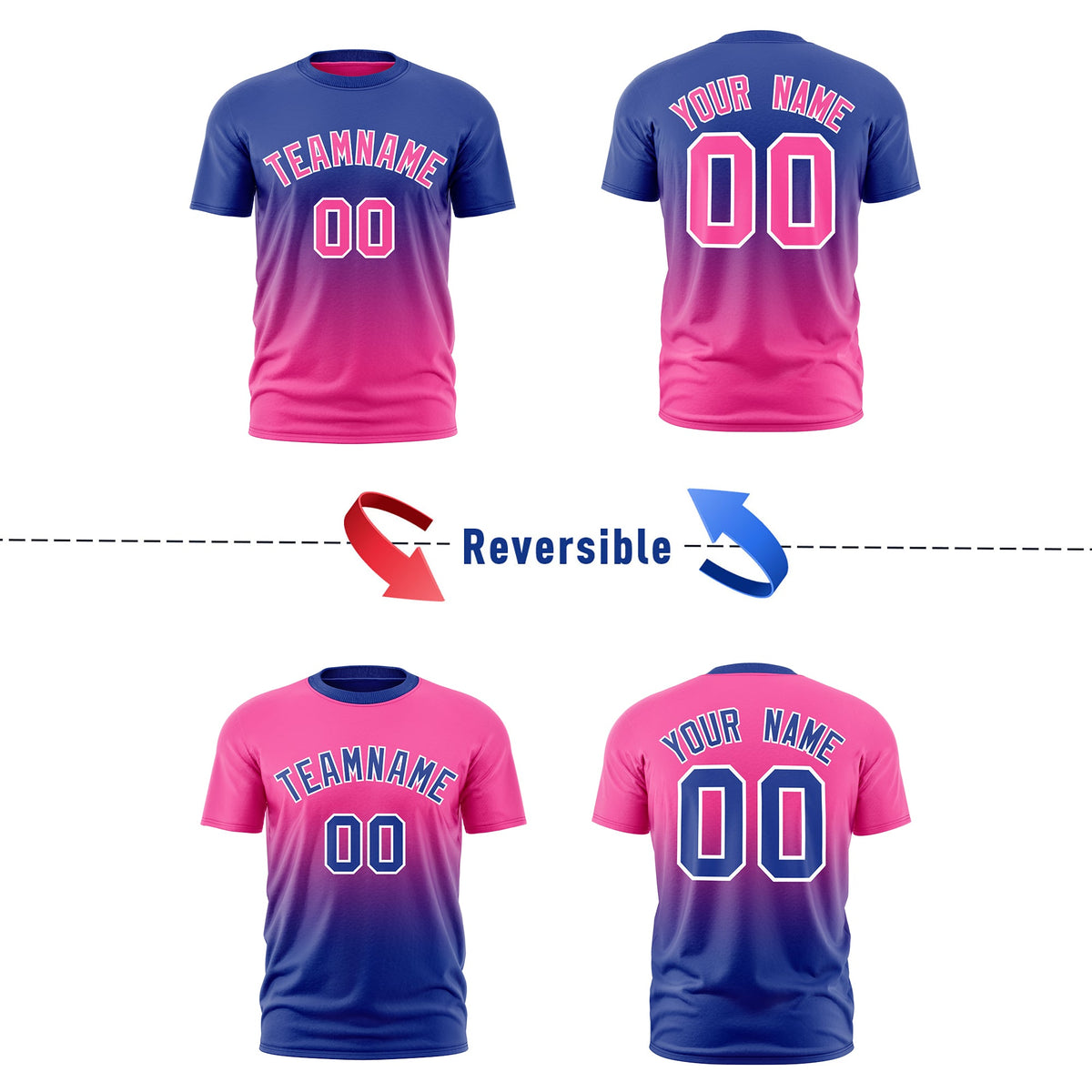 Custom Pink Royal Blue Gradient Fashion Reversible Quick Dry T-shirt| KXKSHOP