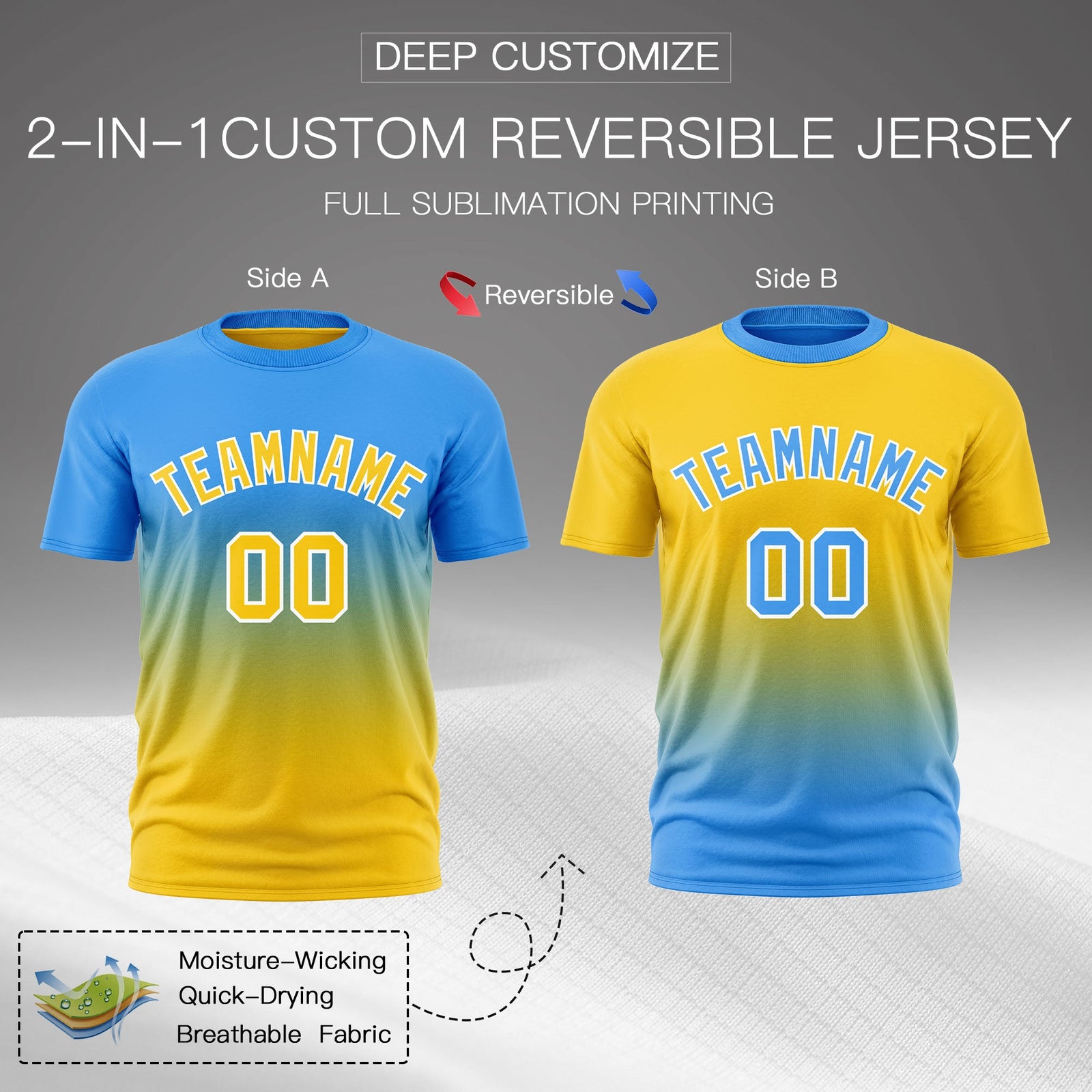 Custom Powder Blue Gold Gradient Fashion Reversible Quick Dry T-shirt| KXKSHOP