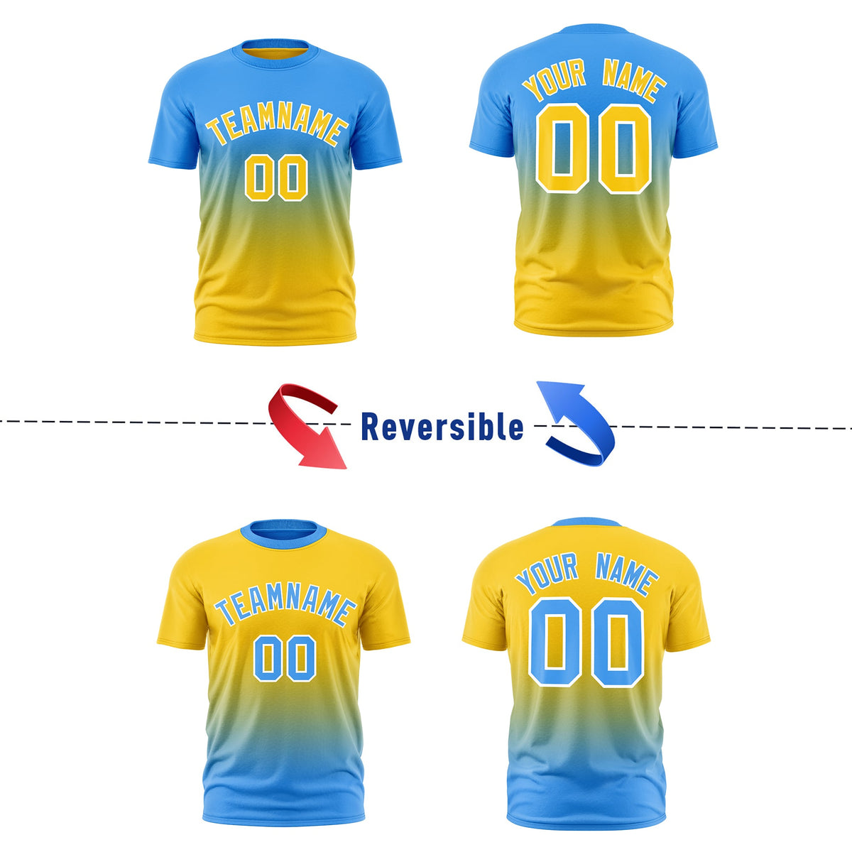 Custom Powder Blue Gold Gradient Fashion Reversible Quick Dry T-shirt| KXKSHOP