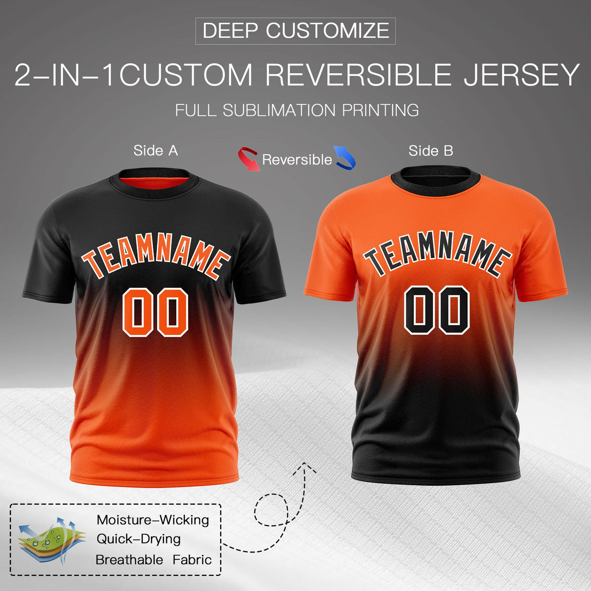 Custom Orange Black Gradient Fashion Reversible Quick Dry T-shirt| KXKSHOP