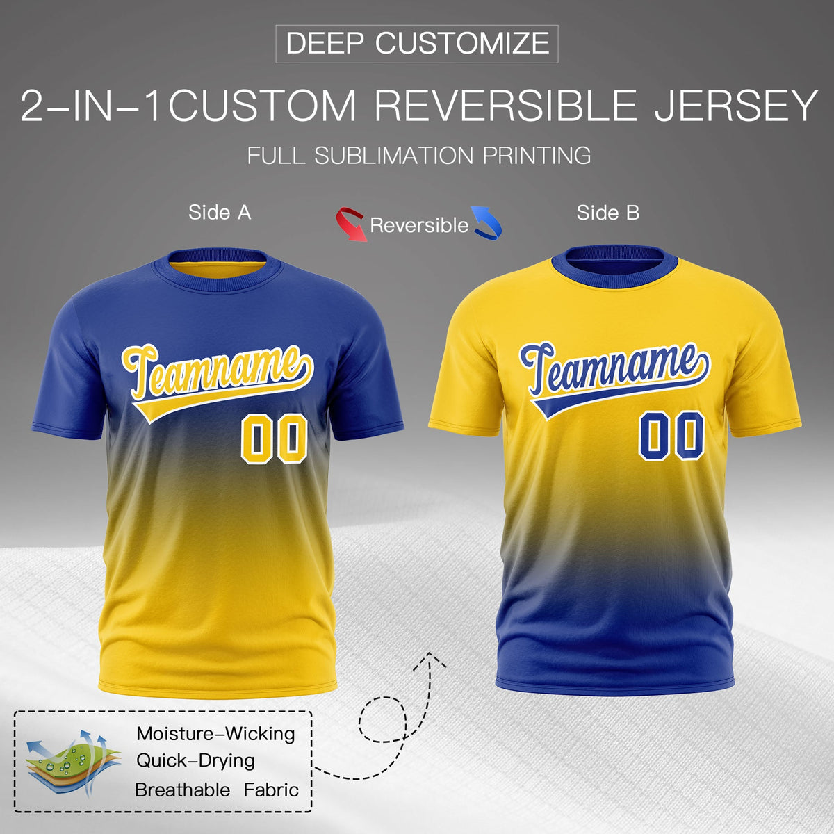 Custom Gold Royal Blue Gradient Fashion Reversible Quick Dry T-shirt| KXKSHOP