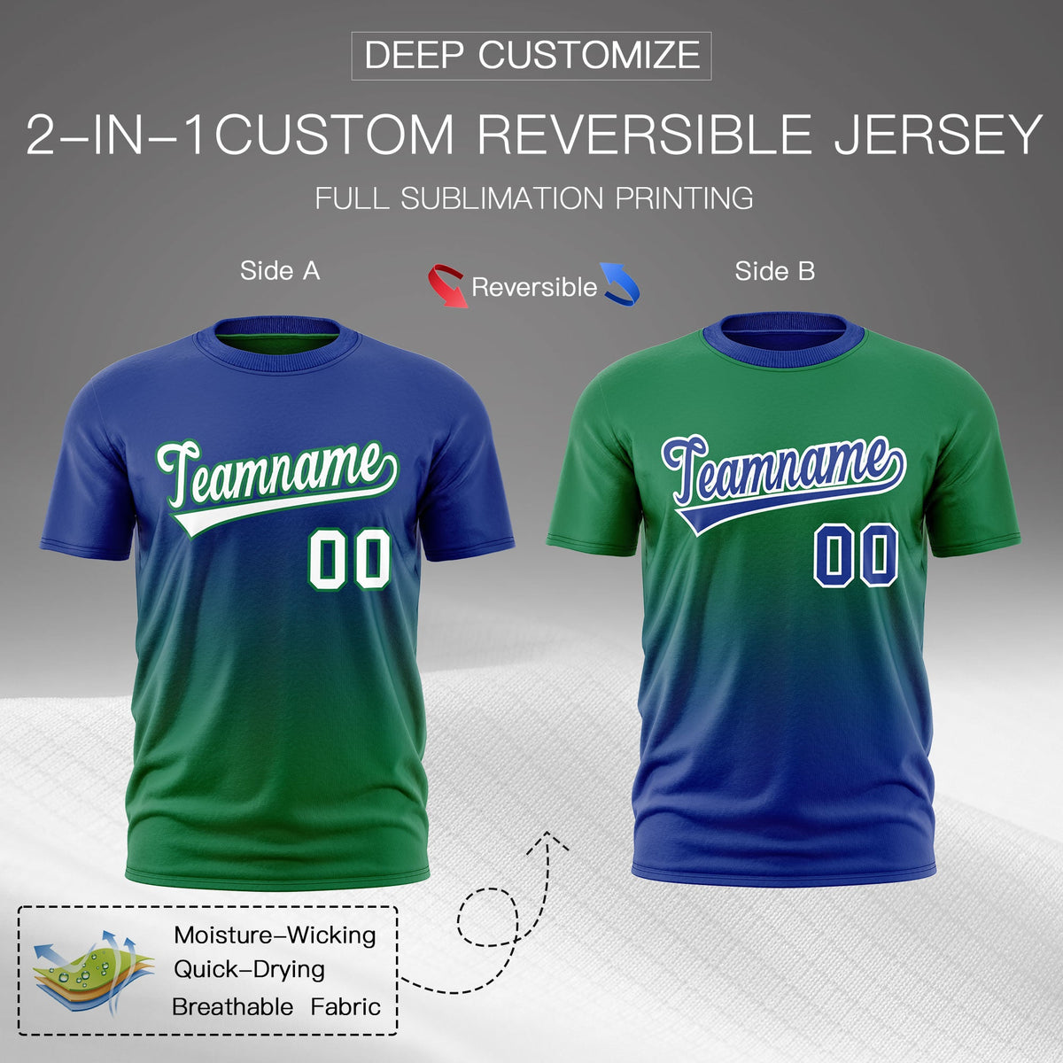 Custom Kelly Green Royal Blue Gradient Fashion Reversible Lightweight T-shirt| KXKSHOP
