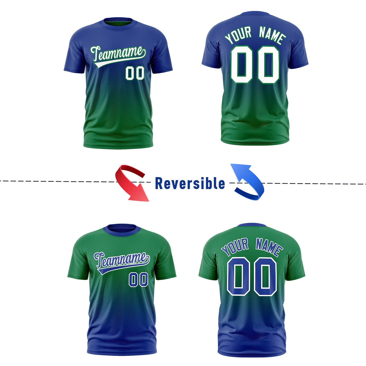 Custom Kelly Green Royal Blue Gradient Fashion Reversible Lightweight T-shirt| KXKSHOP