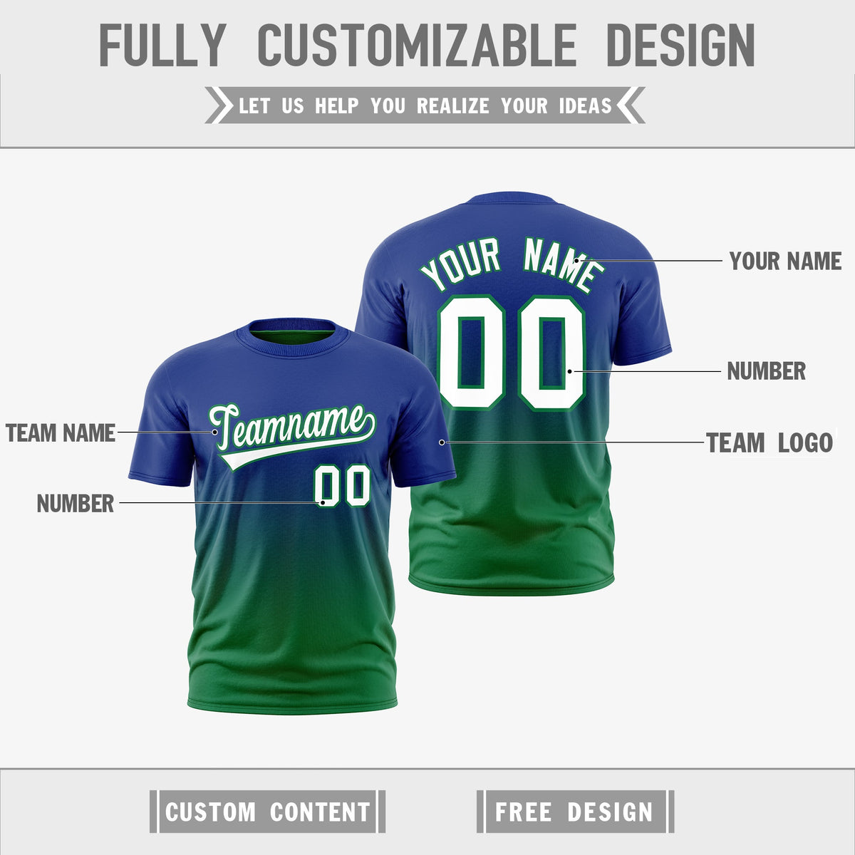 Custom Kelly Green Royal Blue Gradient Fashion Reversible Lightweight T-shirt| KXKSHOP