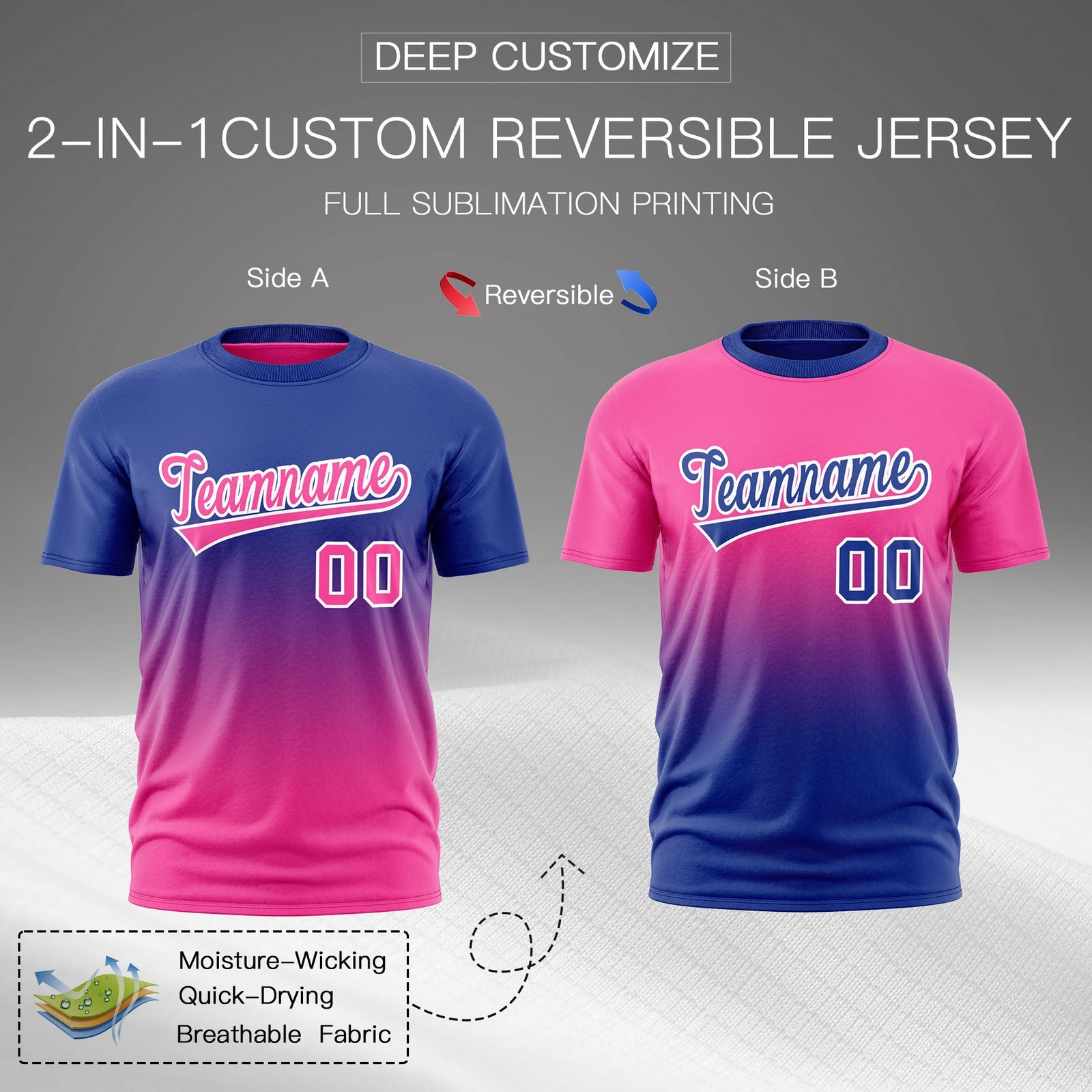 Custom Pink Royal Blue Gradient Fashion Reversible Quick Dry T-shirt| KXKSHOP