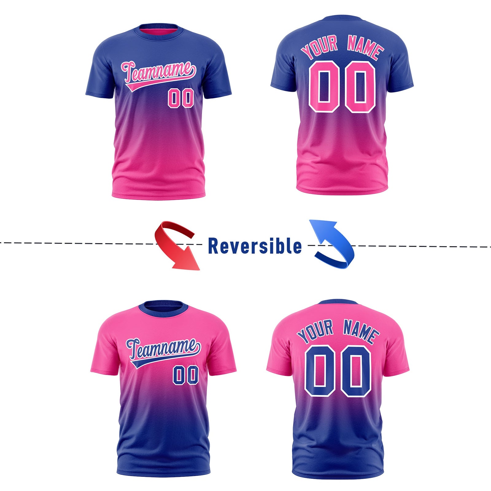 Custom Pink Royal Blue Gradient Fashion Reversible Quick Dry T-shirt| KXKSHOP