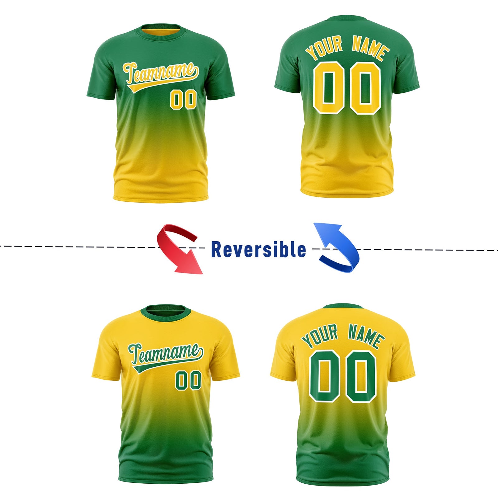 Custom Kelly Green Gold Gradient Fashion Reversible Lightweight T-shirt| KXKSHOP