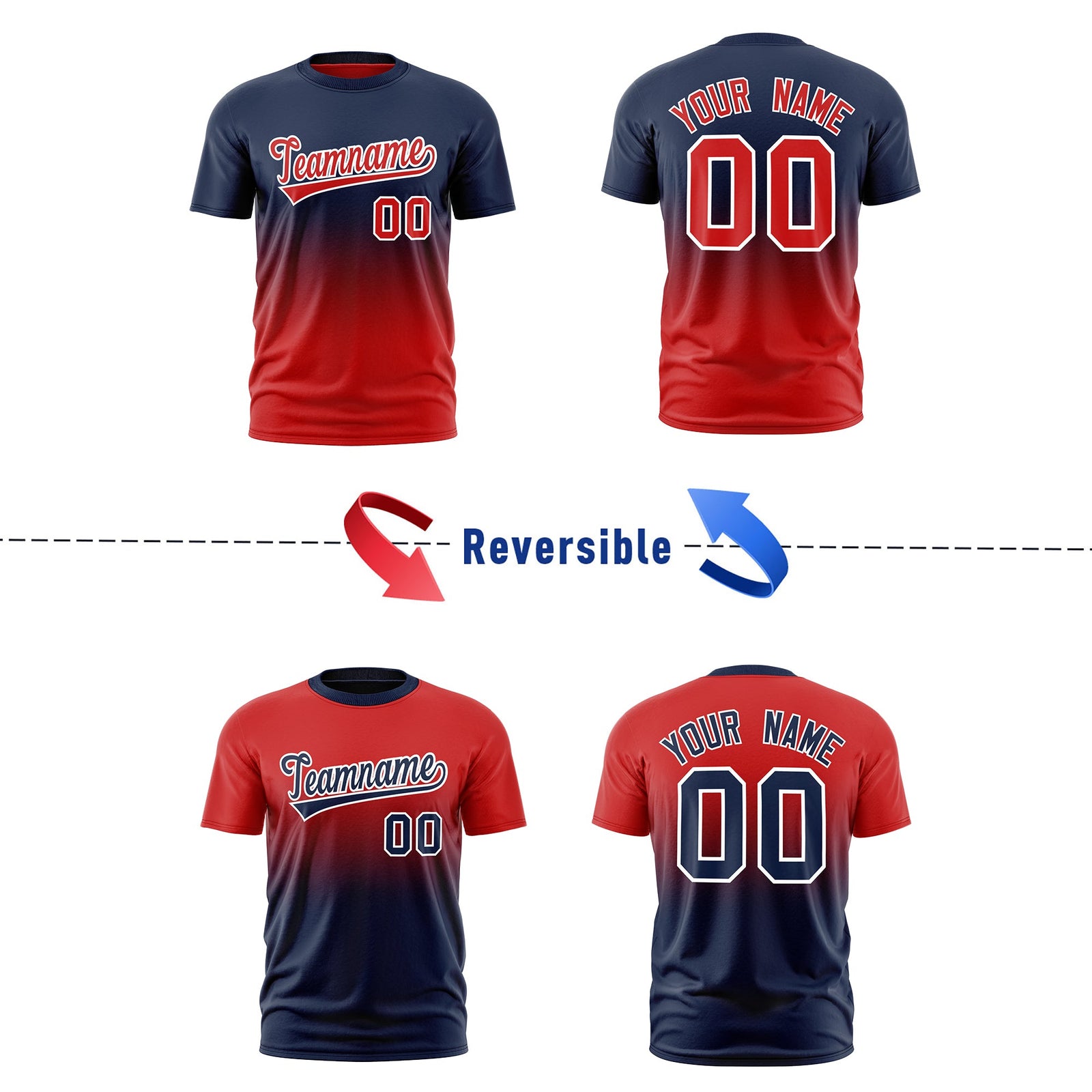 Custom Red Navy Gradient Fashion Reversible Quick Dry T-shirt| KXKSHOP