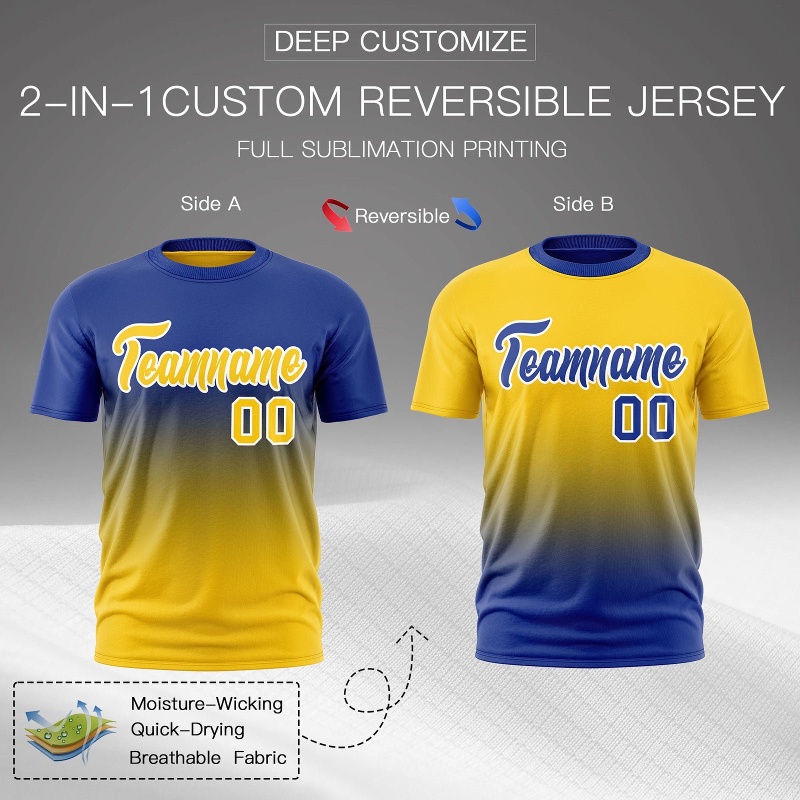 Custom Gold Royal Blue Gradient Fashion Reversible Quick Dry T-shirt| KXKSHOP