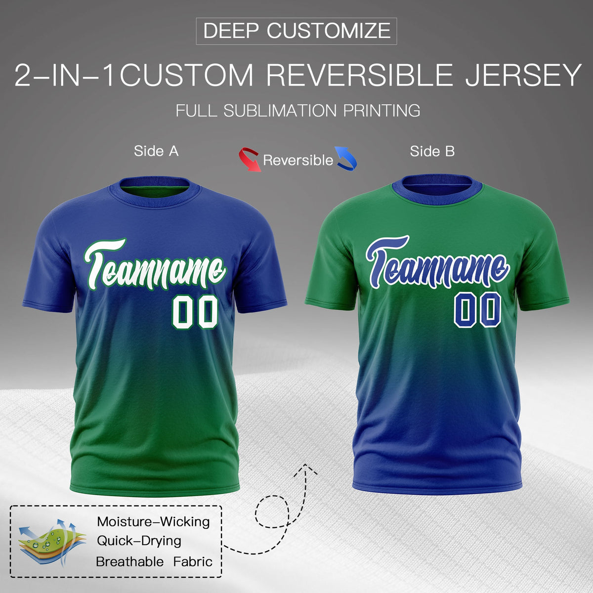 Custom Kelly Green Royal Blue Gradient Fashion Reversible Lightweight T-shirt| KXKSHOP
