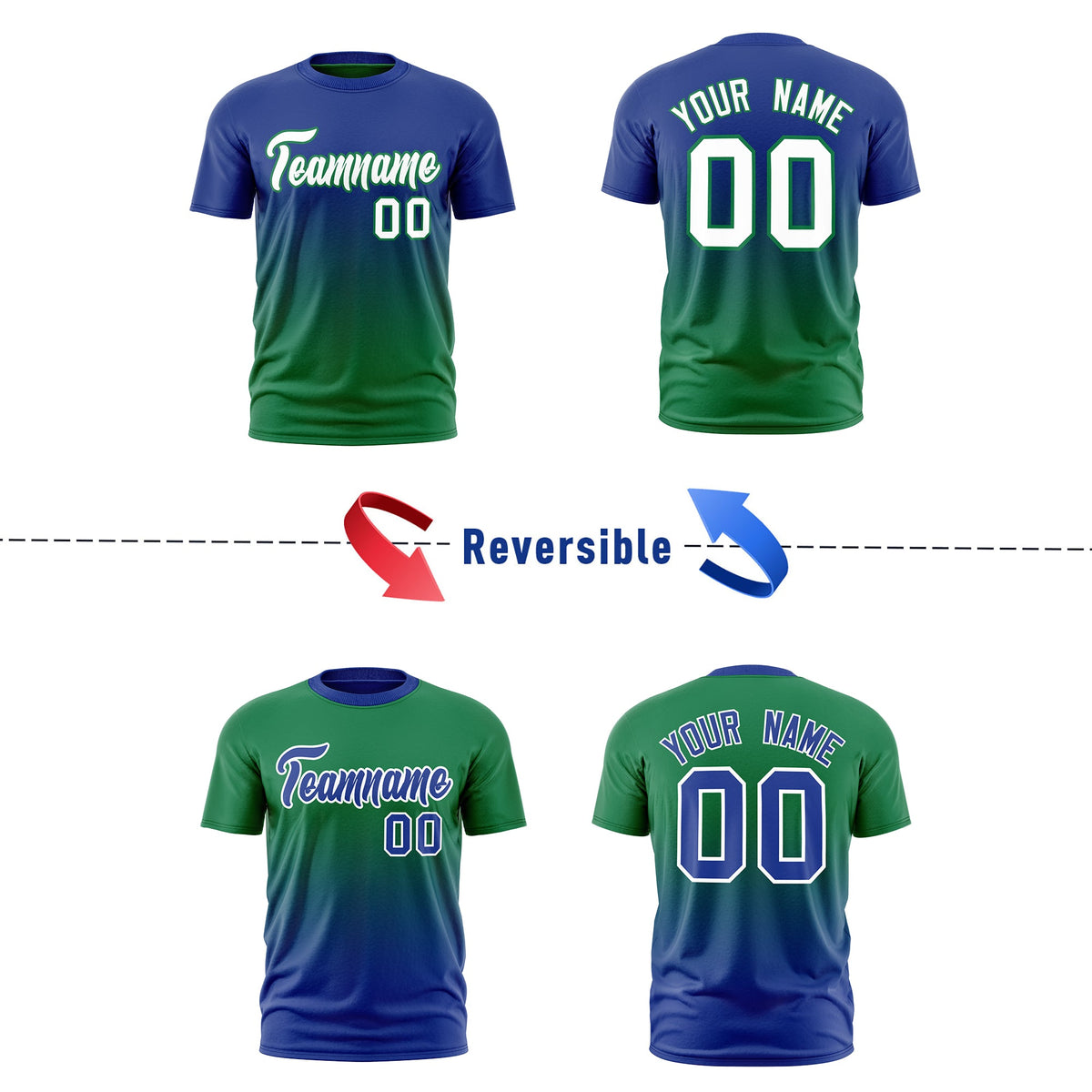 Custom Kelly Green Royal Blue Gradient Fashion Reversible Lightweight T-shirt| KXKSHOP