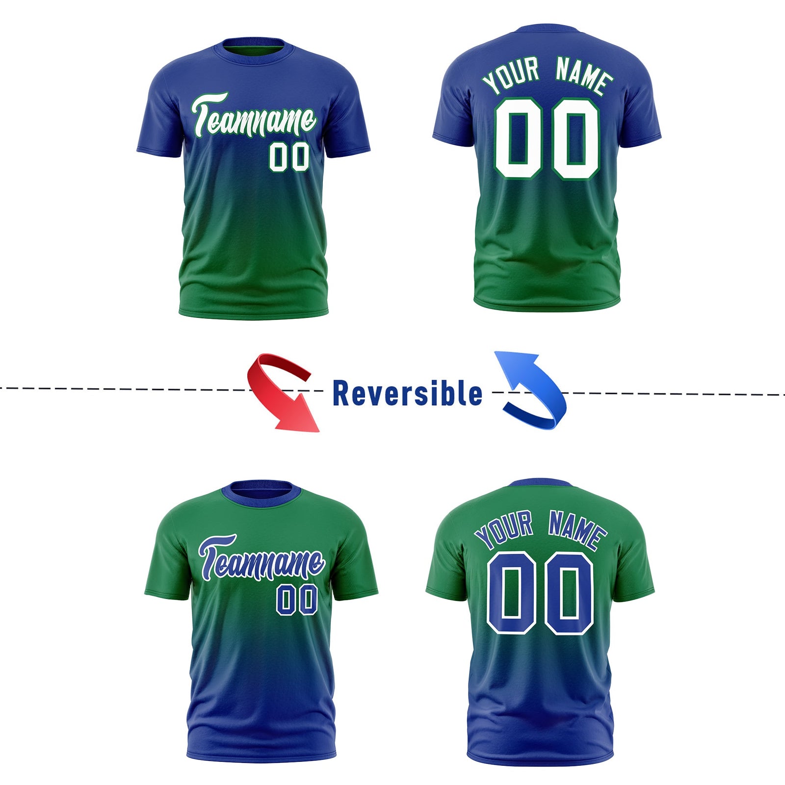 Custom Kelly Green Royal Blue Gradient Fashion Reversible Lightweight T-shirt| KXKSHOP