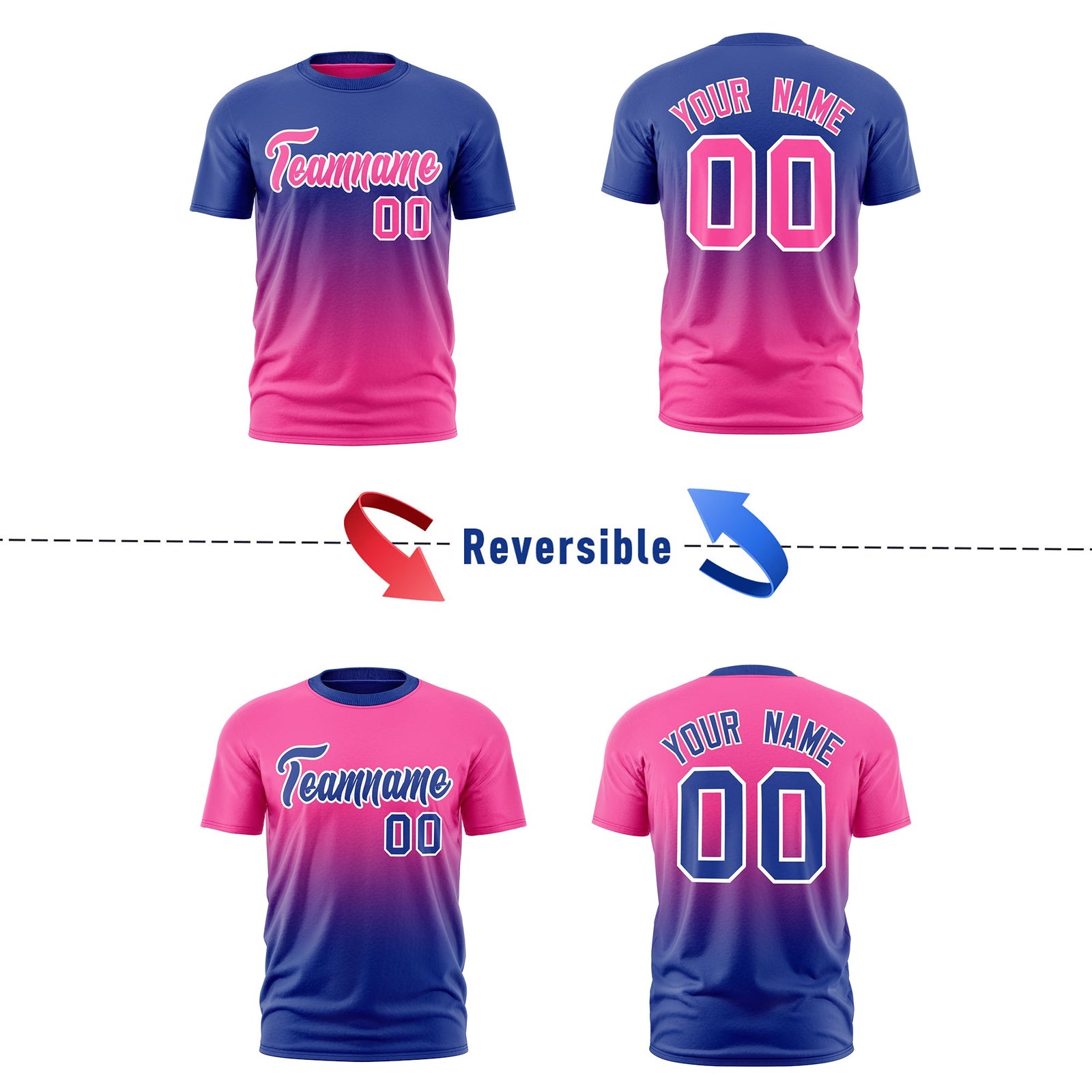 Custom Pink Royal Blue Gradient Fashion Reversible Quick Dry T-shirt| KXKSHOP