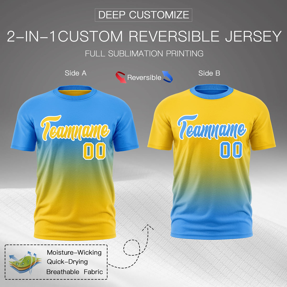 Custom Powder Blue Gold Gradient Fashion Reversible Quick Dry T-shirt| KXKSHOP