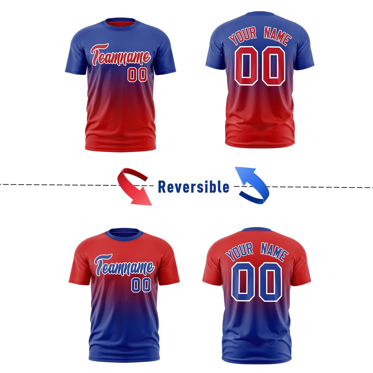 Custom Red Royal Blue Gradient Fashion Reversible Lightweight T-shirt| KXKSHOP