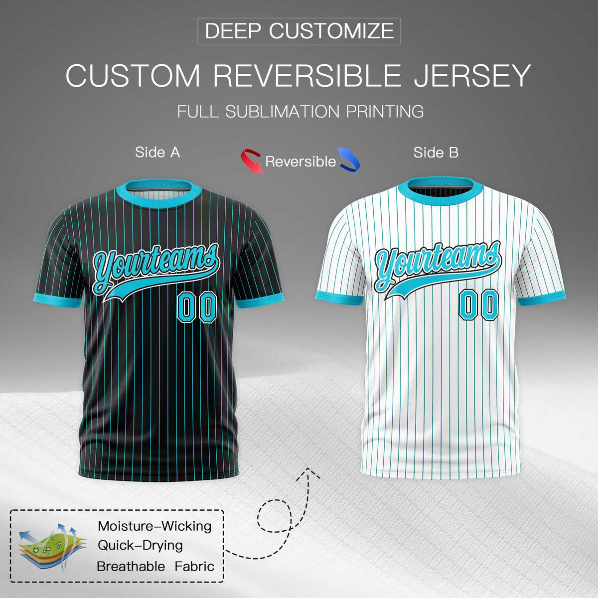 Custom Sky Blue Black White Reversible Stripe Fashion T-shirt| KXKSHOP