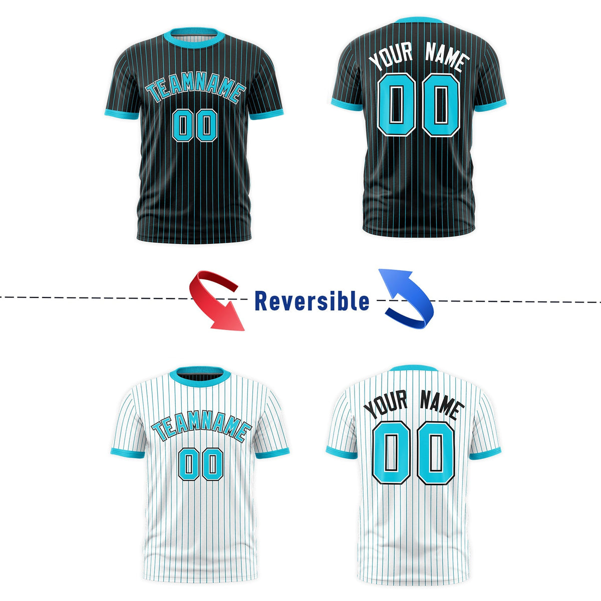 Custom Sky Blue Black White Reversible Stripe Fashion T-shirt| KXKSHOP