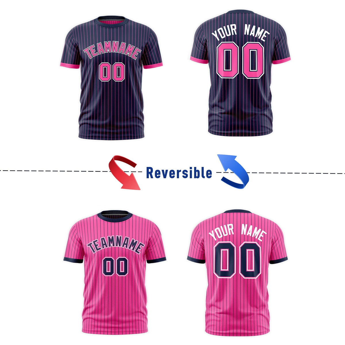 Custom Pink Navy White Reversible Stripe Fashion T-shirt| KXKSHOP