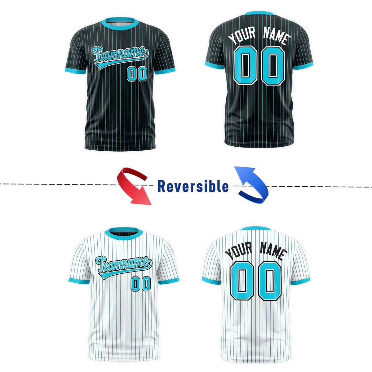 Custom Sky Blue Black White Reversible Stripe Fashion T-shirt| KXKSHOP
