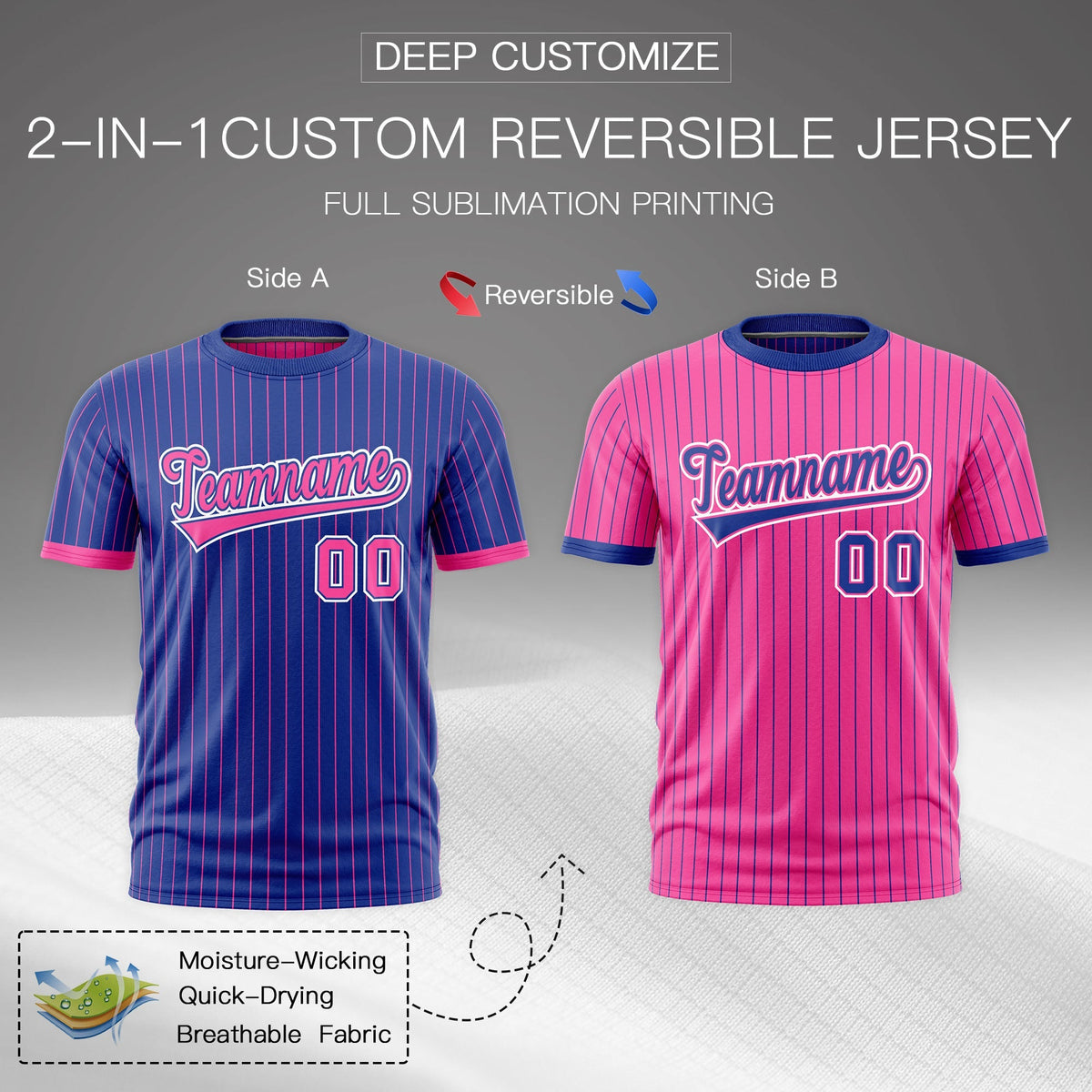 Custom Pink Royal Blue White Reversible Stripe Fashion T-shirt| KXKSHOP