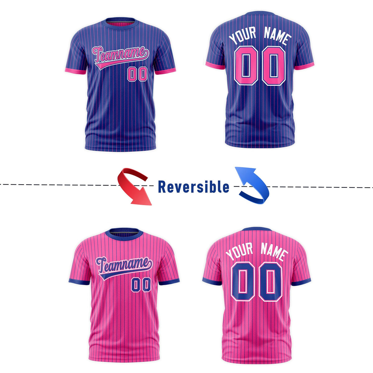 Custom Pink Royal Blue White Reversible Stripe Fashion T-shirt| KXKSHOP