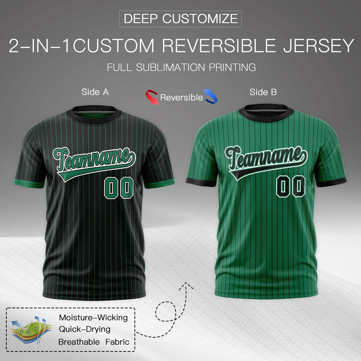 Custom Kelly Green Black White Reversible Stripe Fashion T-shirt| KXKSHOP