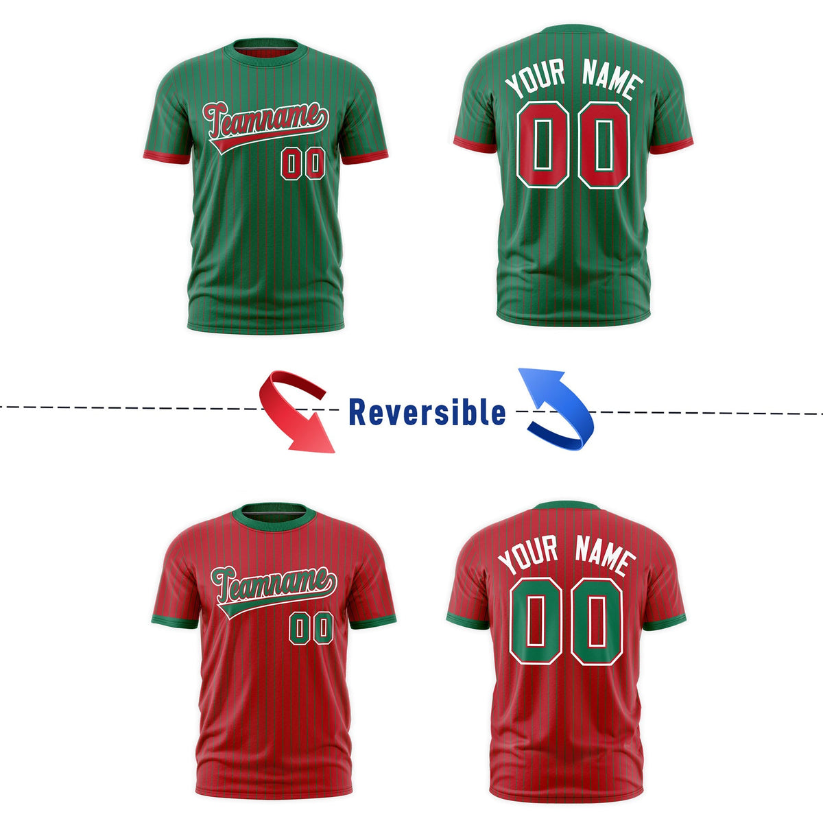 Custom Red Kelly Green White Reversible Stripe Fashion T-shirt| KXKSHOP