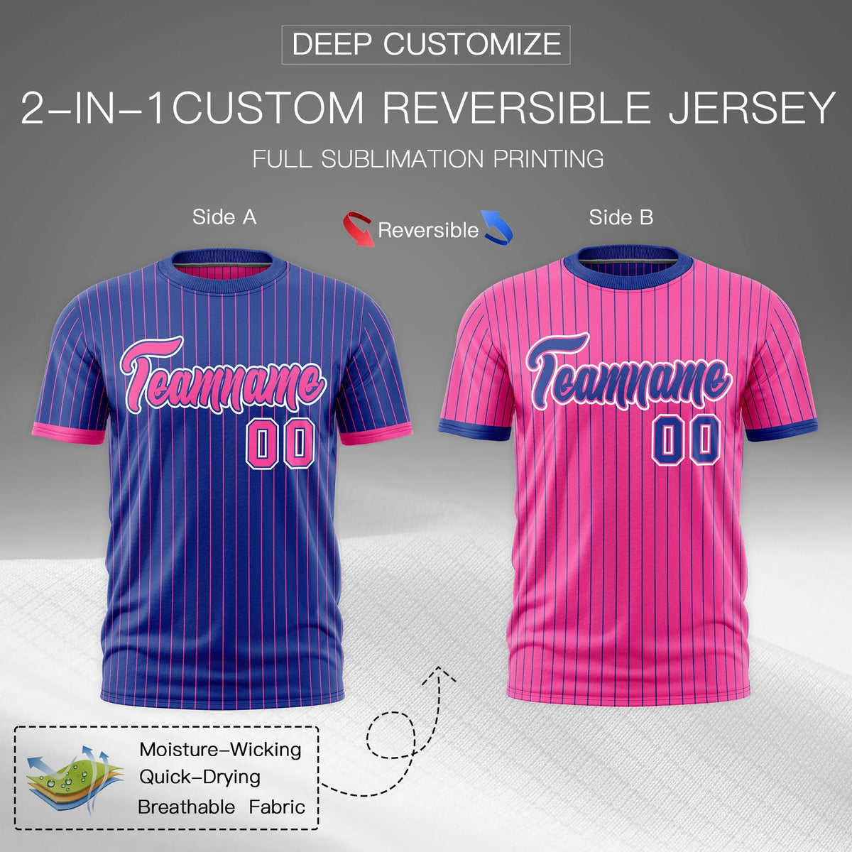 Custom Pink Royal Blue White Reversible Stripe Fashion T-shirt| KXKSHOP
