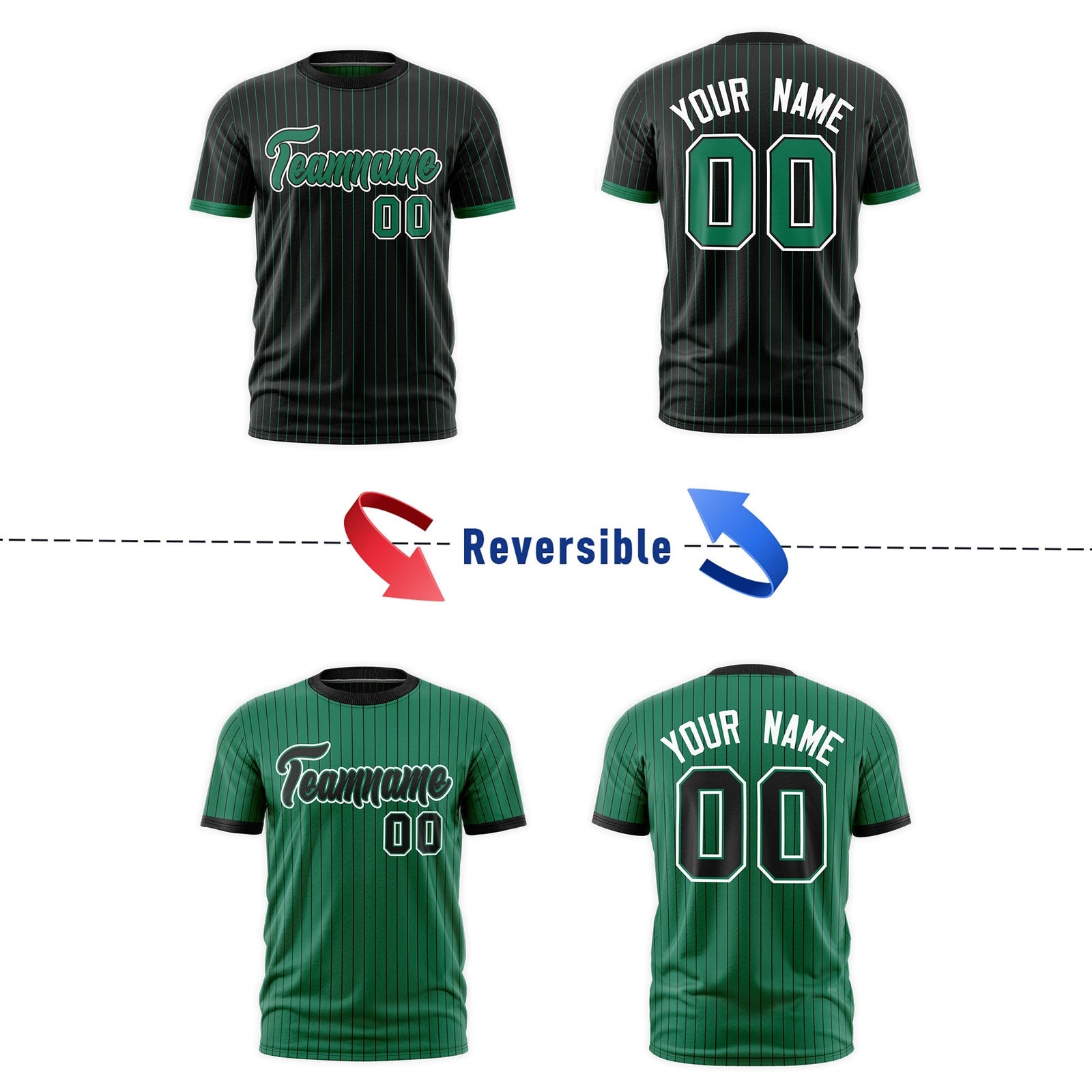 Custom Kelly Green Black White Reversible Stripe Fashion T-shirt| KXKSHOP