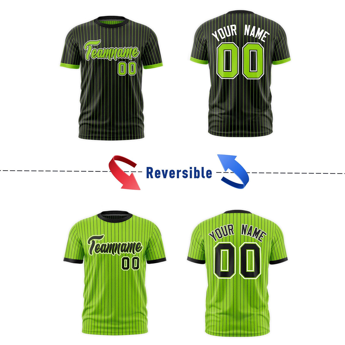 Custom Neon Green Black White Reversible Stripe Fashion T-shirt| KXKSHOP