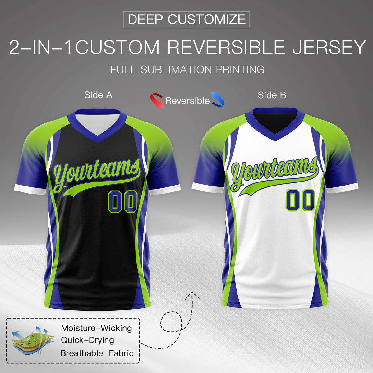 Custom Black Neon Green Royal Blue Reversible Breathable T-shirt| KXKSHOP
