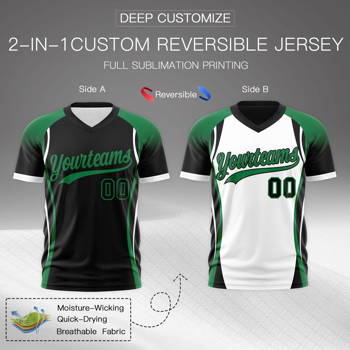 Custom Black Kelly Green White Reversible Breathable T-shirt| KXKSHOP