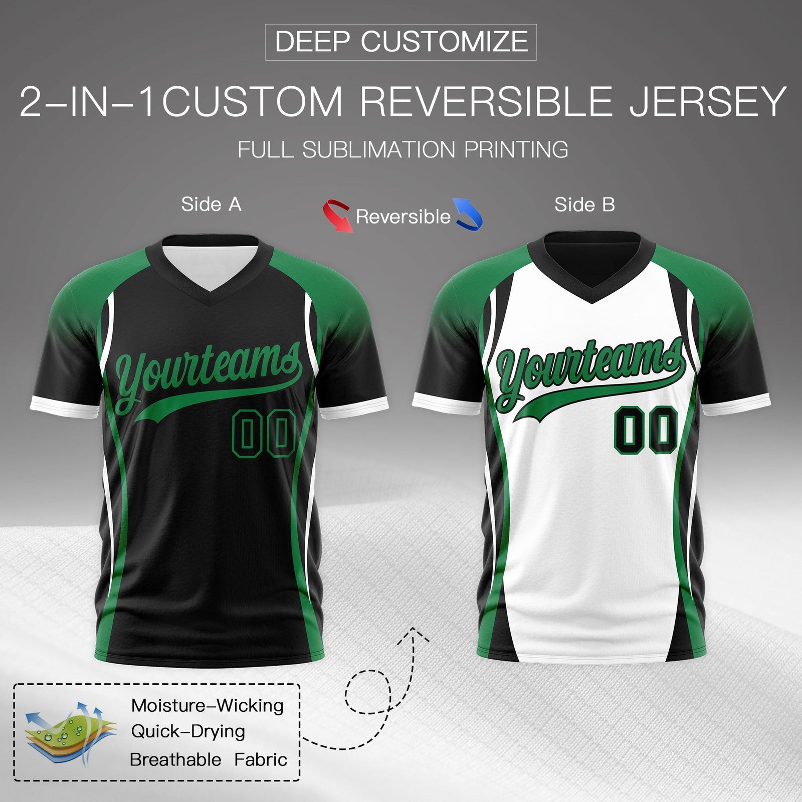 Custom Black Kelly Green White Reversible Breathable T-shirt| KXKSHOP