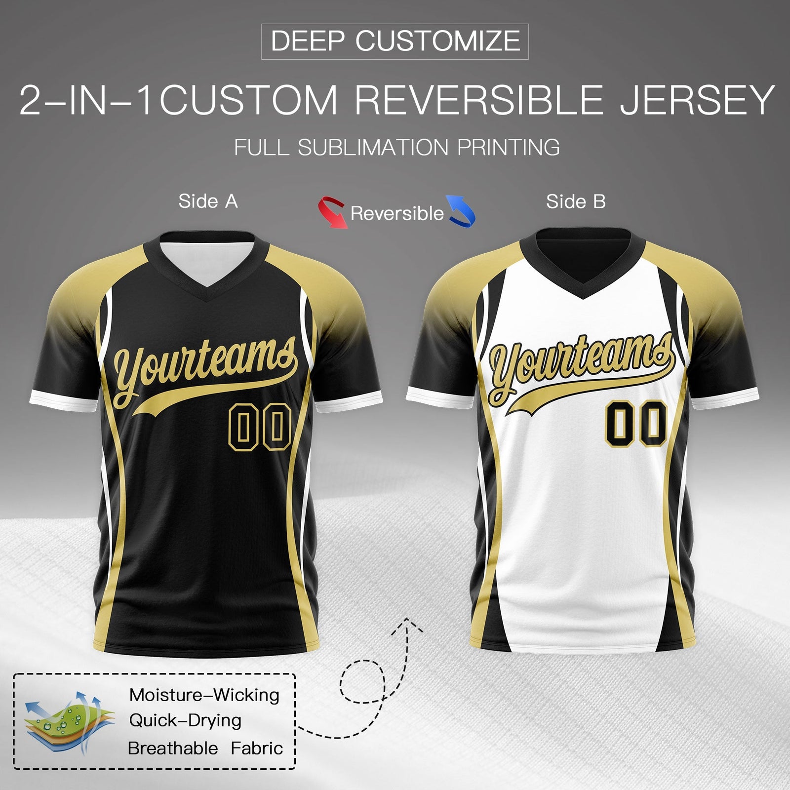 Custom Black Old Gold White Reversible Wrinkle-Resistant T-shirt| KXKSHOP