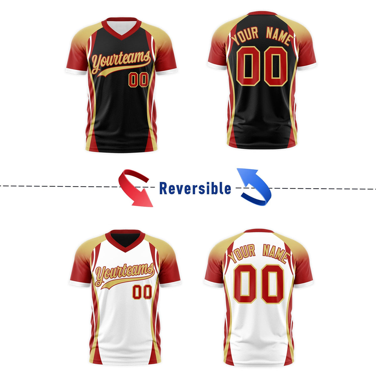 Custom Black Old Gold Red Reversible Breathable T-shirt| KXKSHOP