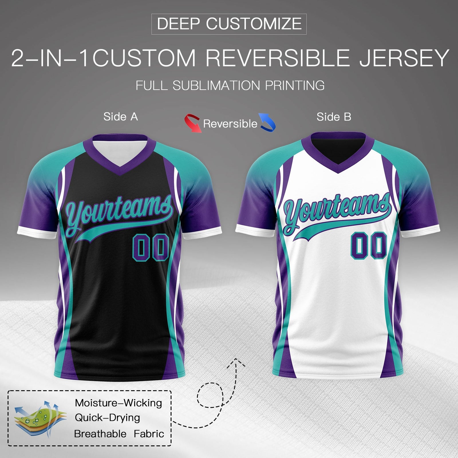 Custom Black Aqua Purple Reversible Wrinkle-Resistant T-shirt| KXKSHOP