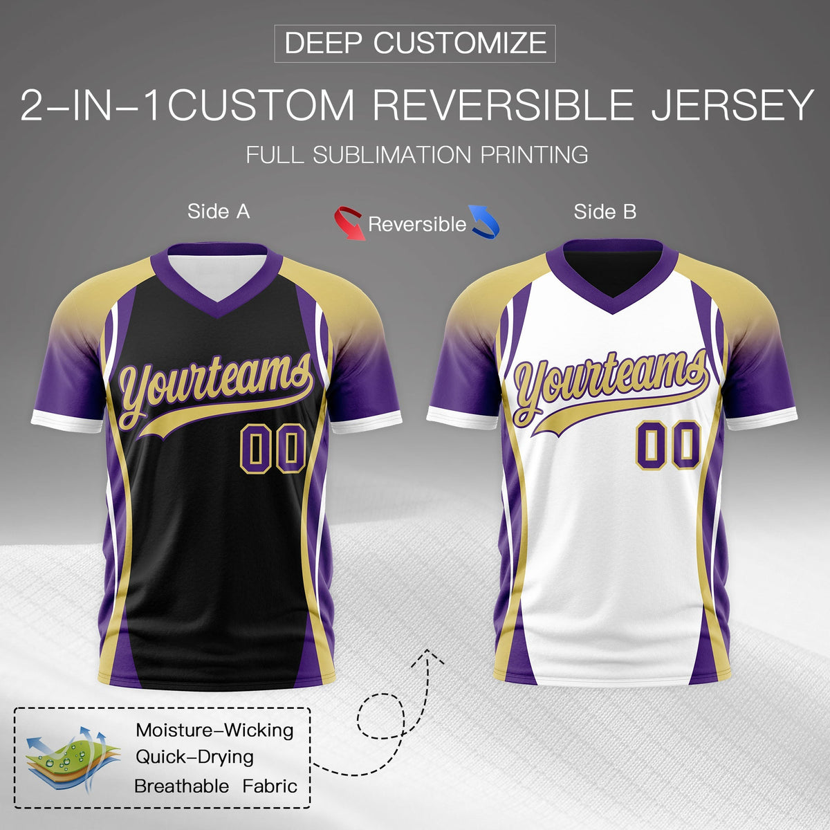 Custom Black Old Gold Purple Reversible Breathable T-shirt| KXKSHOP