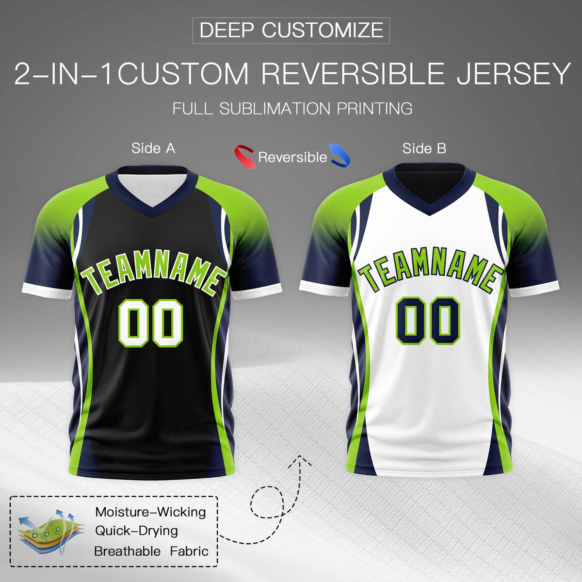 Custom Black Neon Green Navy Reversible Breathable T-shirt| KXKSHOP