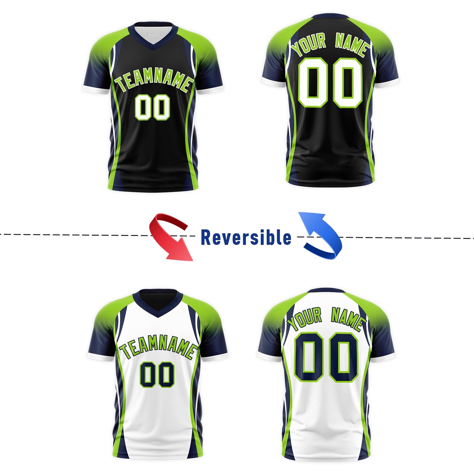 Custom Black Neon Green Navy Reversible Breathable T-shirt| KXKSHOP