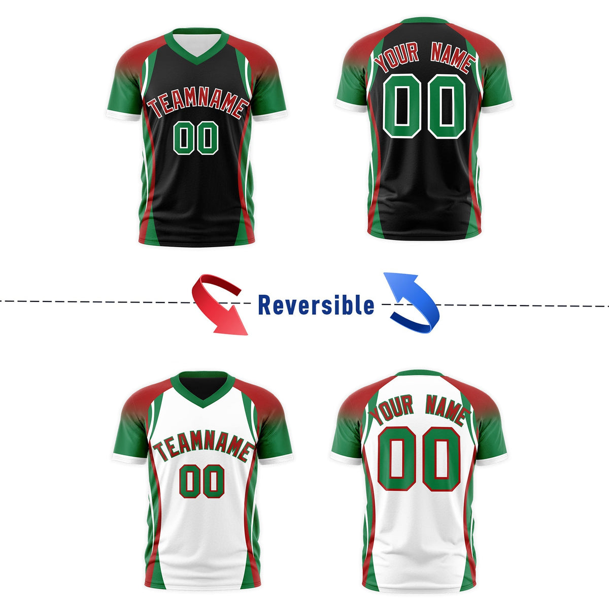 Custom Black Red Kelly Green Reversible Wrinkle-Resistant T-shirt| KXKSHOP