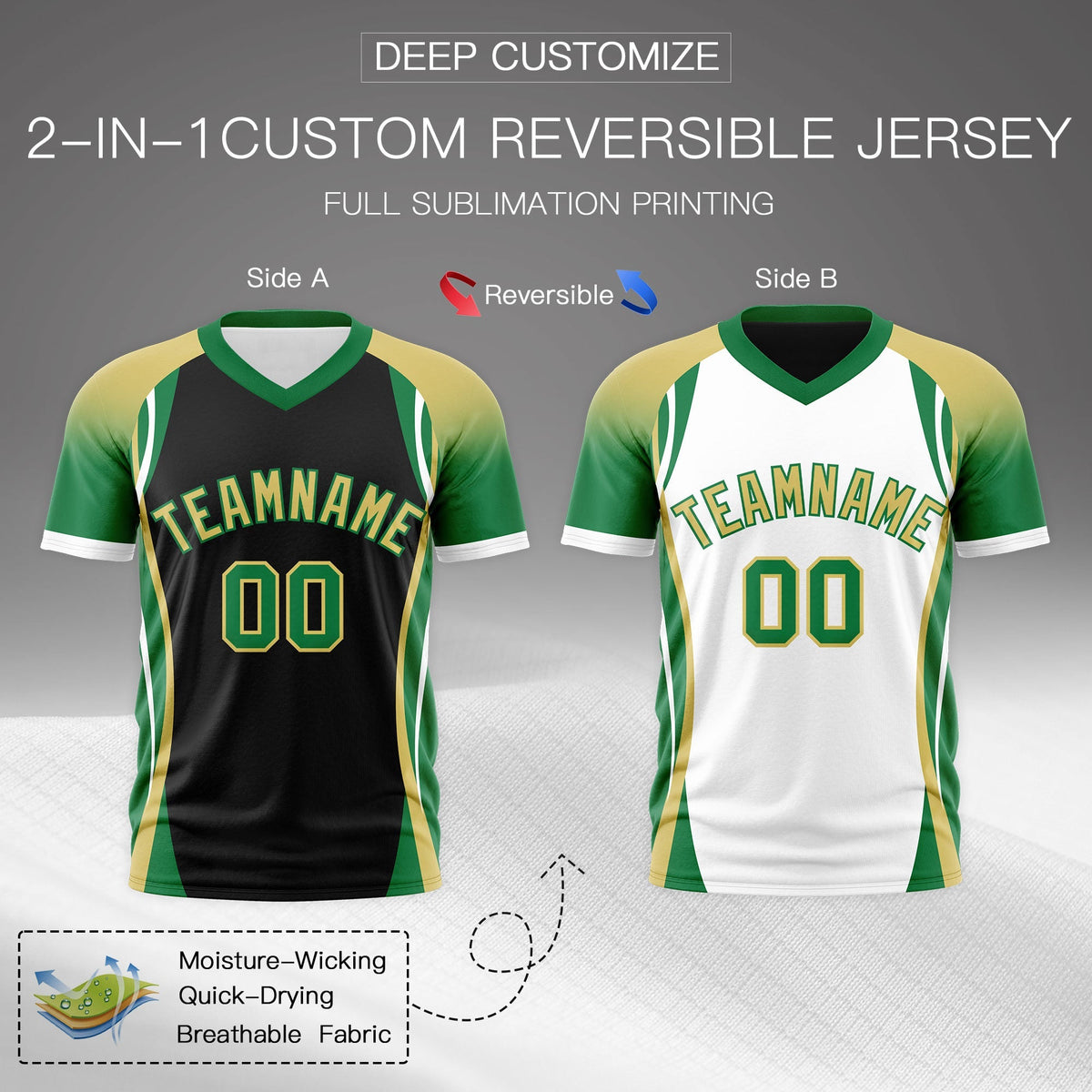Custom Black Old Gold Kelly Green Reversible Breathable T-shirt| KXKSHOP